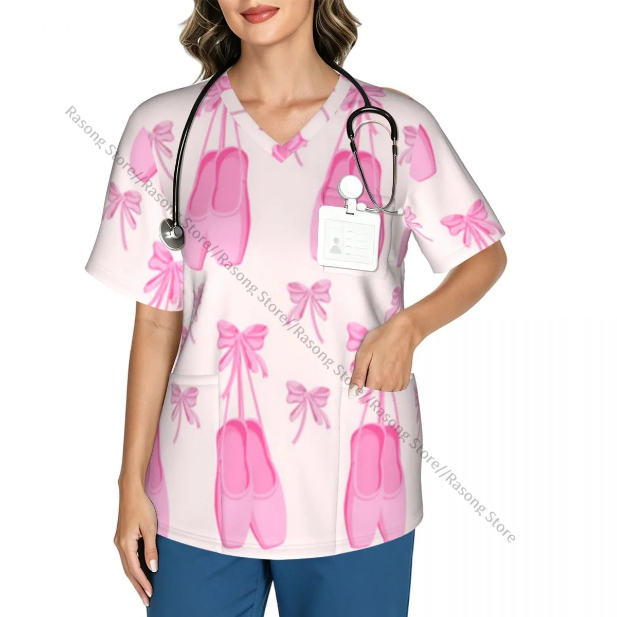 Pink Pointer Shoes And Bows Scrubs Medical Uniforms Women V Neck Short Sleeve Tunic Scrubs Tops Nursing Surgical Uniforms