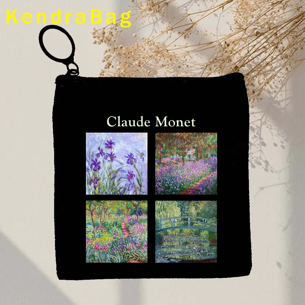 Claude Monet Water Lilies Painting Tulip Lilac Irises Sunflowers Key Coin Purse Canvas Bag Pouch Cotton Bags Wallet Zipper Gifts