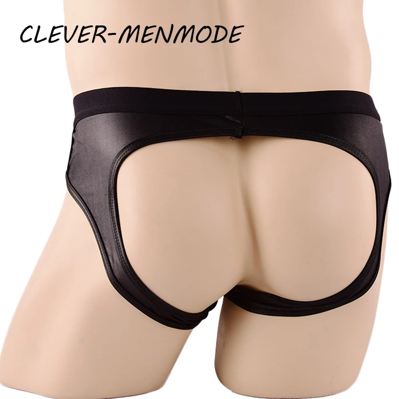 Men\'s Sexy Underwear PU Faux Leather Briefs Bulge Penis Pouch Thong U Convex Backless Bikini Open Butt Jockstrap Fetish Lingerie