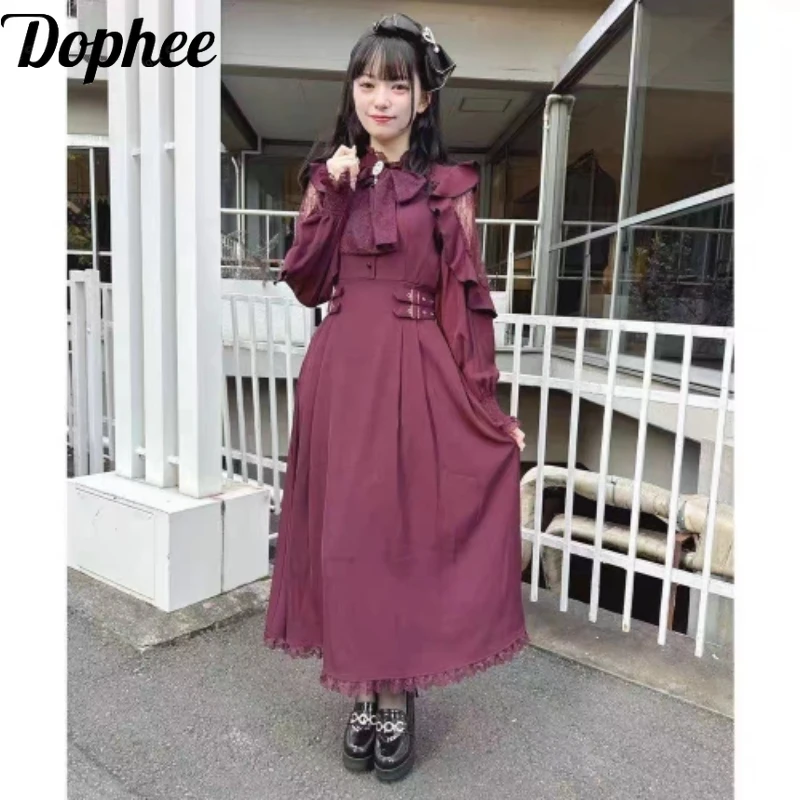 

Dophee Japan Style Lolita High Waist Women Dress Lace Off Shoulder Hollow Out Diamonds Bow Stand Collar Gothic Long Dress 2024