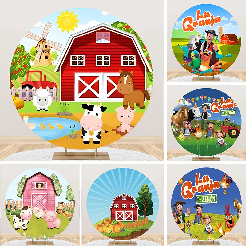 Cartoon Rural Zenon Farm Round Backdrop Country Farmland Animals Barn Tractor Children's Birthday Party Circle Photo Background