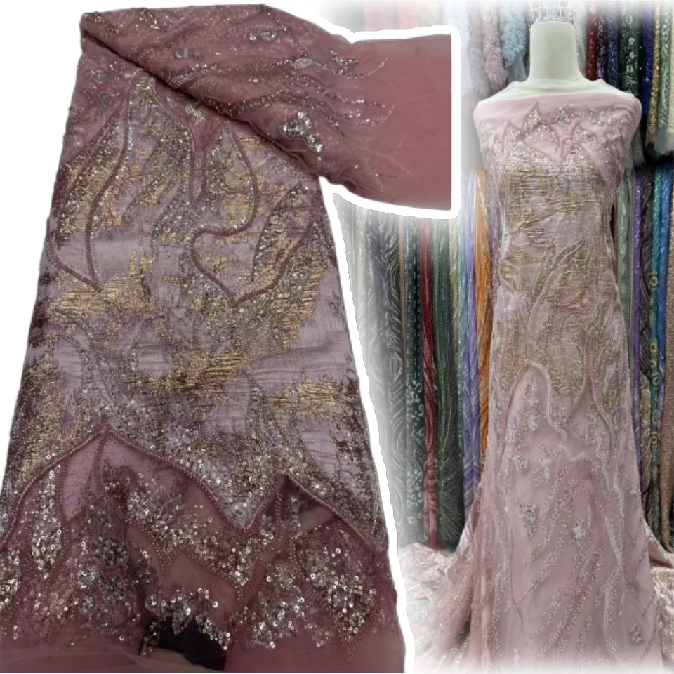 

Pink Elegant Handmade Beads Embroidery French Tulle Lace Fabric for Party Nigerian Luxury Sequines Lace Fabric Wedding AH1281