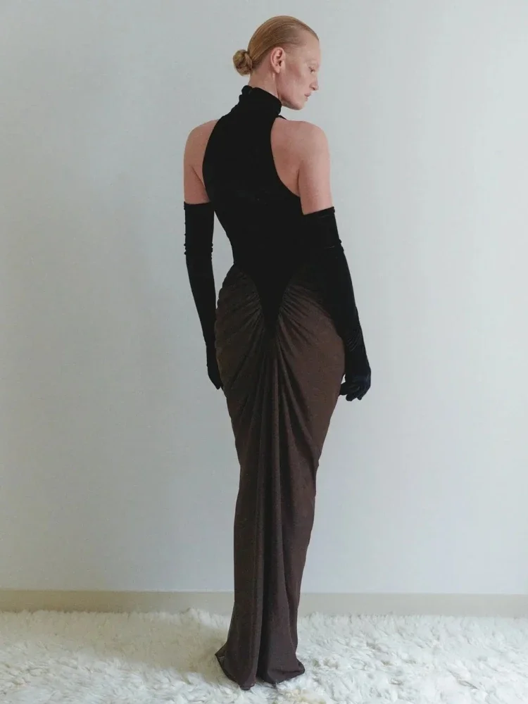 Sexy High Neck Samt Patchwork Geraffte Langes Kleid mit Handschuhen Frauen Ärmellose Bodycon Runway Promi Abend Party Kleider