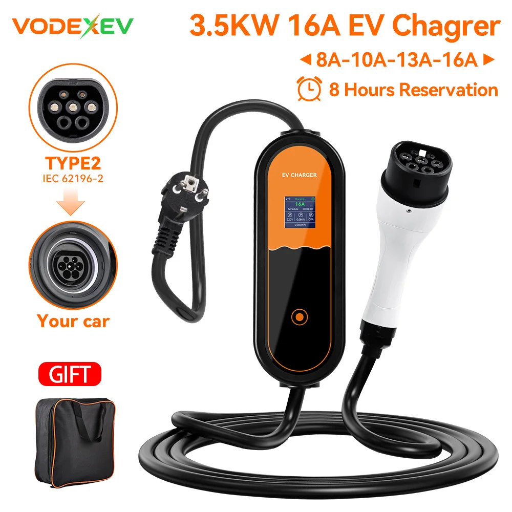 

VODEXEV 3.5KW Type2 Portable EV Charger 16A 1Phase EU Plug US Plug EVSE Charging Current Adjustable Electric Vehicle Charging