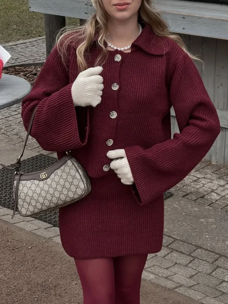 

Female Knit 2 Piece-Set Skirt Sweater Fashion Long Sleeve Cardigan Outwear And High Waist Solid Mini Skirt Sets Knitwear