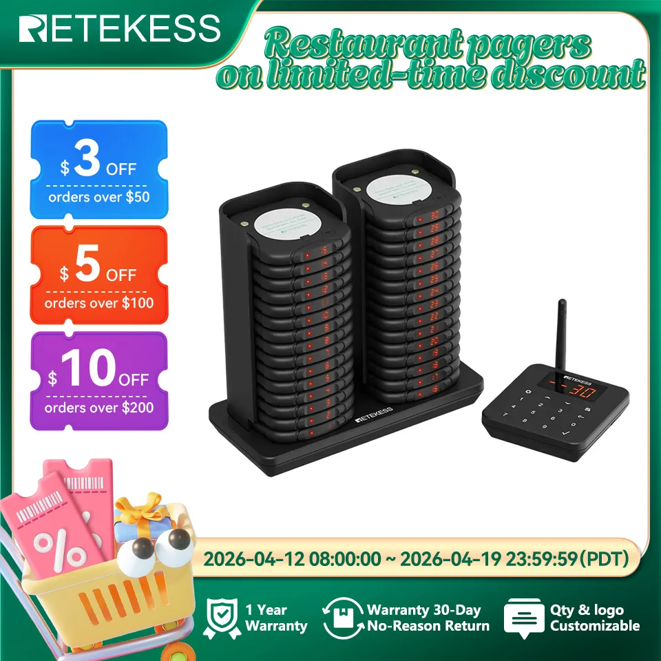 

RETEKESS TD186 Stackable Anti-Tip Restaurant Pager Wireless Calling System Vibrators Beeper Paging Bell for Coffee Food Truck