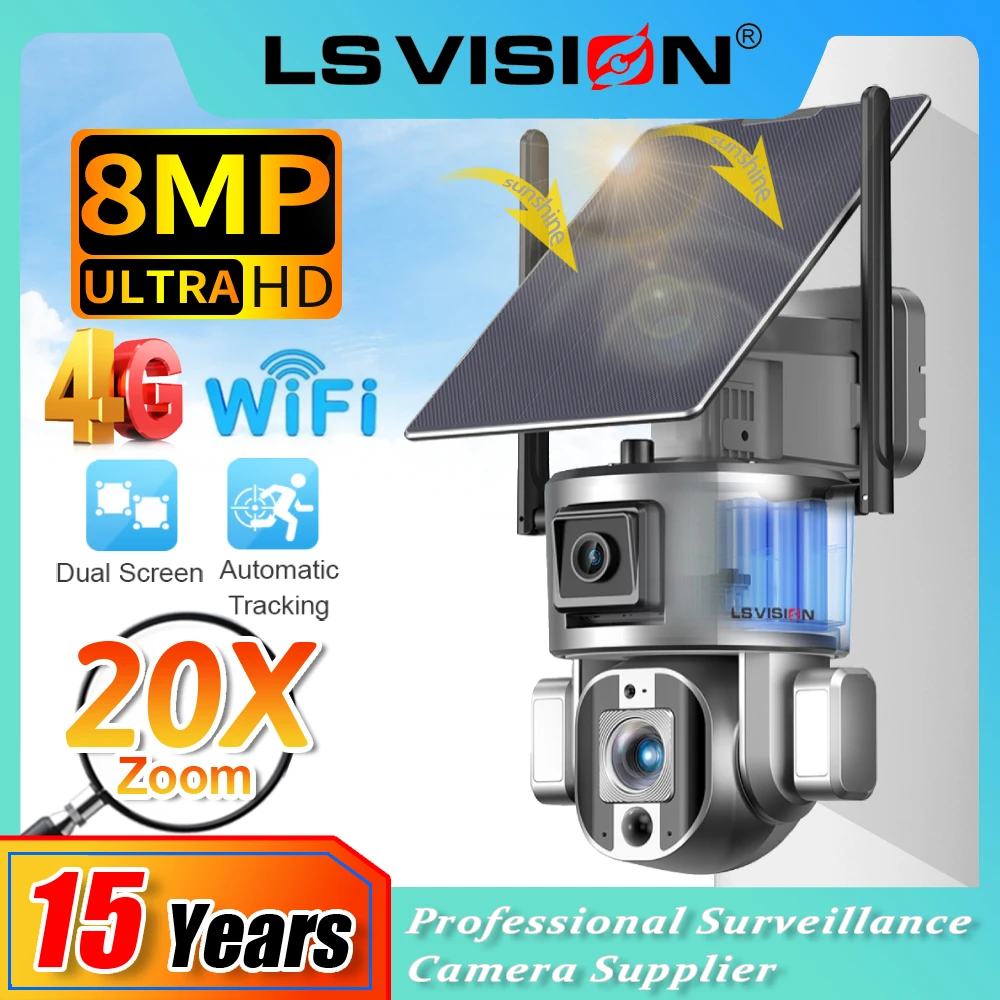 LS VISION 20X Zoom WIFI/4G SIM Solar Security Camera 4K Dual Screens Humanoid Tracking Wifi Solar outdoor Surveillance Cam CCTV