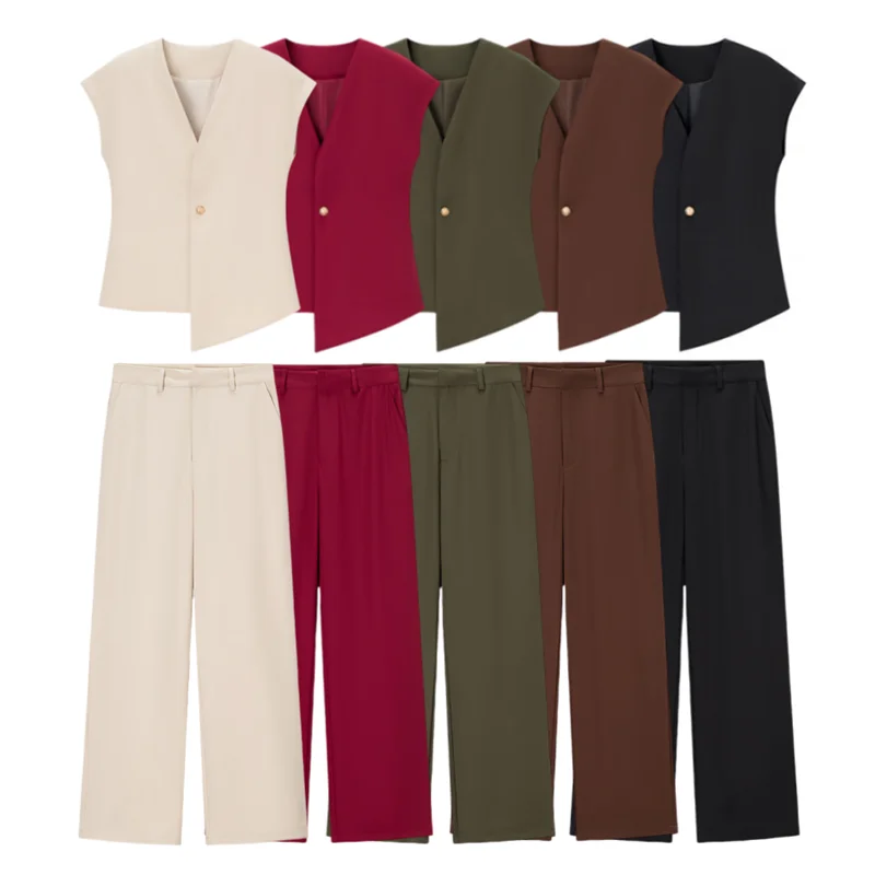 

MYST&ZA2025 Summer New Women's Wear Elegant One-Button Solid Color Vest V-Neck Top + High-Waisted Casual Pants