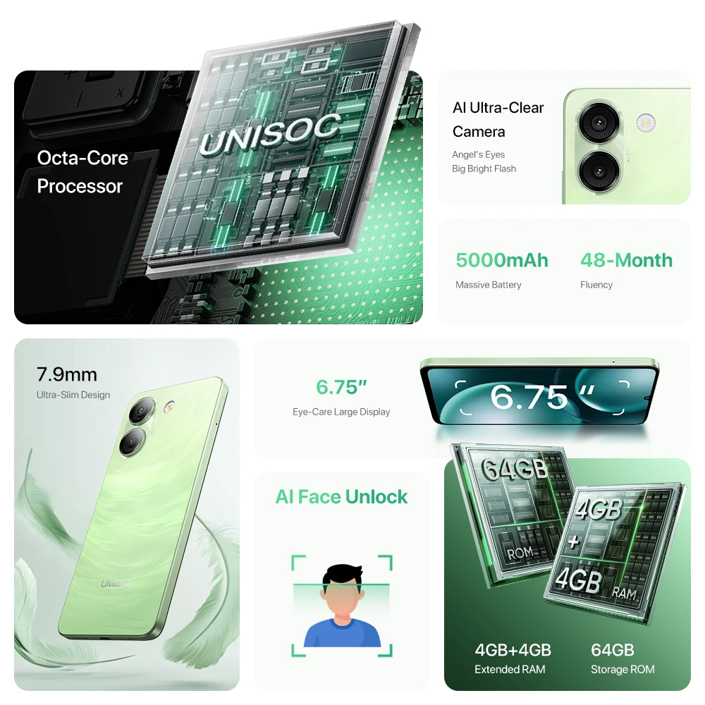 UMIDIGI G9A 4G Cellphone UNISOC Octa Core 4GB+64GB 6.75-inch HD+ Display 5000mAh Battery Face Unlock Android 14 Smartphone