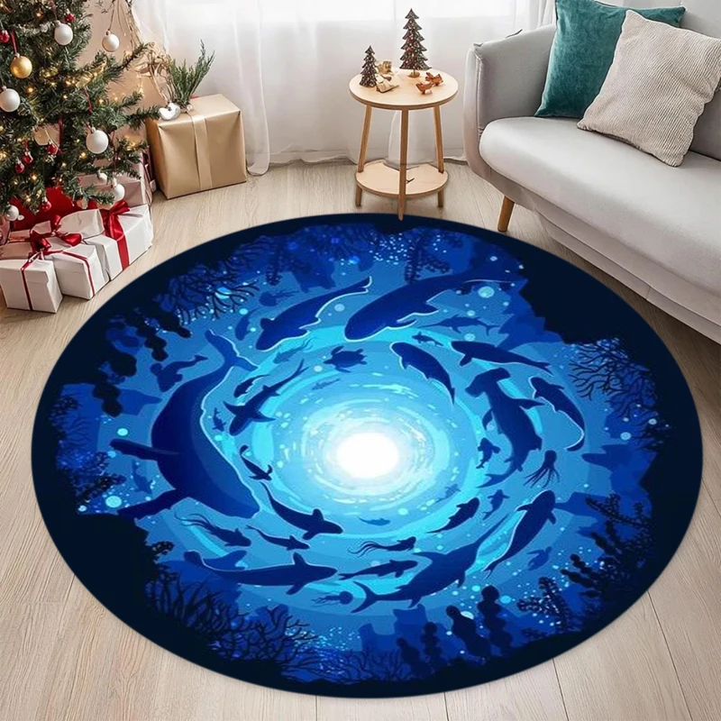 Alfombra redonda con estampado de silueta de tiburón azul del océano, alfombra suave antideslizante para el suelo, decoración náutica para el hogar, alfombra para sala de estar