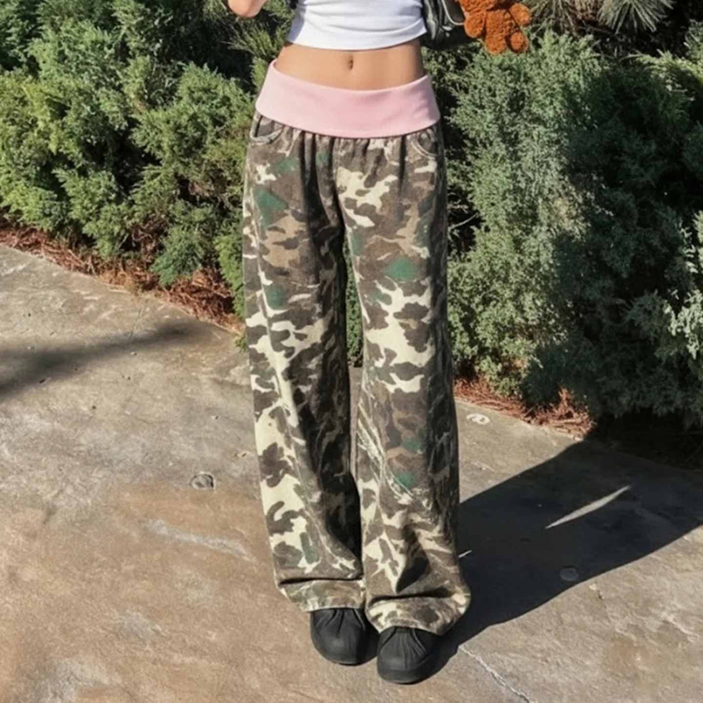 Women's Camouflage Long Pants With Waist Patchwork Design, Y2K Causal Low Rise Camouflage Trousers,Hip Hop Streetwear,Trend 2026