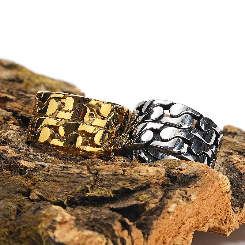 

Trendy Punk Wide Face Gothic Rock Splice Double Chain Stainless Steel Rings Sizes 7-13
