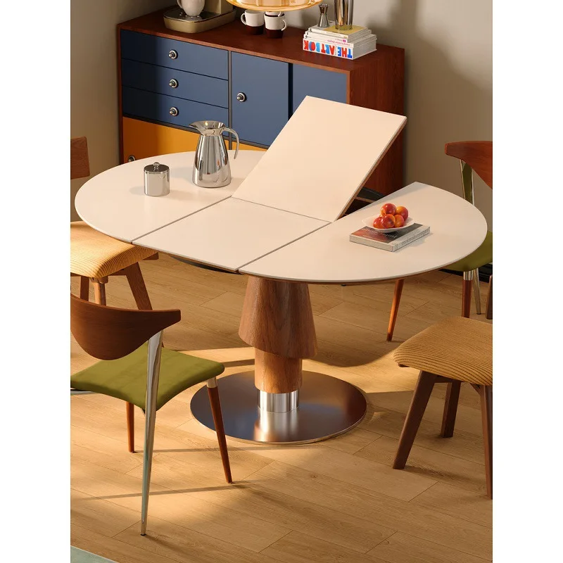 Retractable round solid wood rock slab dining table and chairs, dual-purpose folding dining table in the living room