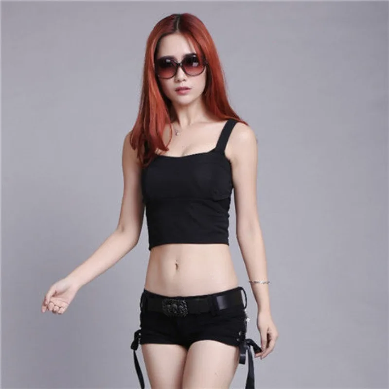 여성 크로스 스트랩 블랙 로우라이즈 데님 숏팬츠 Y2K 슬림 핫팬츠 슈퍼 부티 숏팬츠 나이트클럽