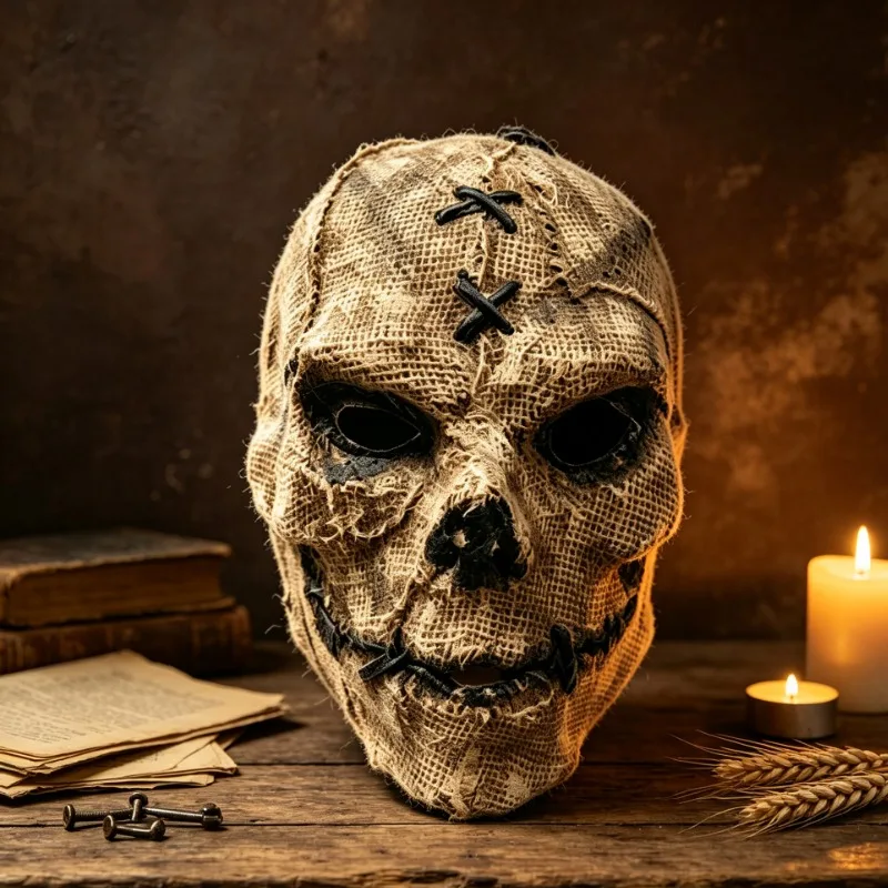 Retro Linen Stitched Mask Full Face Headgear, Halloween Horror Dance Costume Prop, Secret Room Haunted House Horror Cosplay Mask