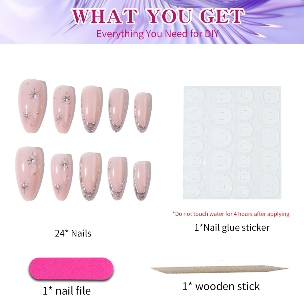 แถบเล็บเจล 3 มิติสีเงินรูปอัลมอนด์ยาว 24 ชิ้นเพื่อเพิ่มสไตล์แฟชั่นของคุณ! ชุดสติกเกอร์ติดเล็บสไตล์ฝรั่งเศสแบบสติลเลตโตมีลักษณะดังนี้