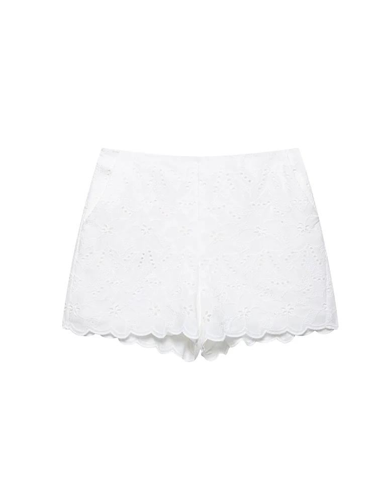 

KUCLUT Women Fashion White Embroidery Side Zipper A-Line Mini Skirts Shorts Vintage High Waist Female Chic Lady Shorts