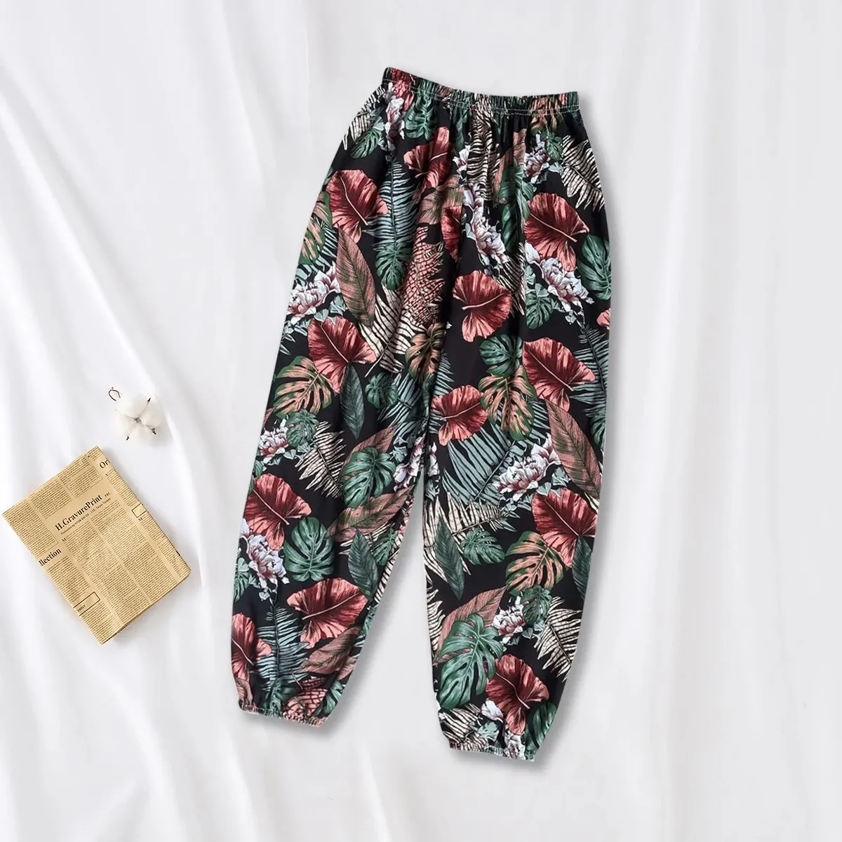 Women Casual Loose Cozy Pants Elastic Pants Feet Harem Pants Sweatpants Pants Summer Beach Pants Elastic Waistband