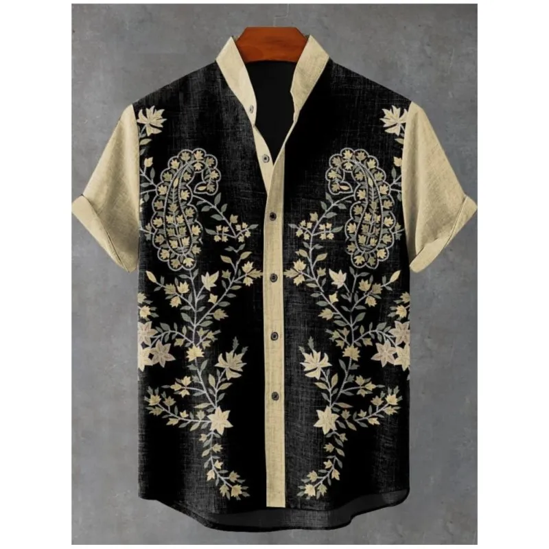 Retro Tribal Totem Pattern Printing Men's Linen Moslim Kleding Heren Fabric Short-sleeved Shirt Casual Street Trend Casual Shirt