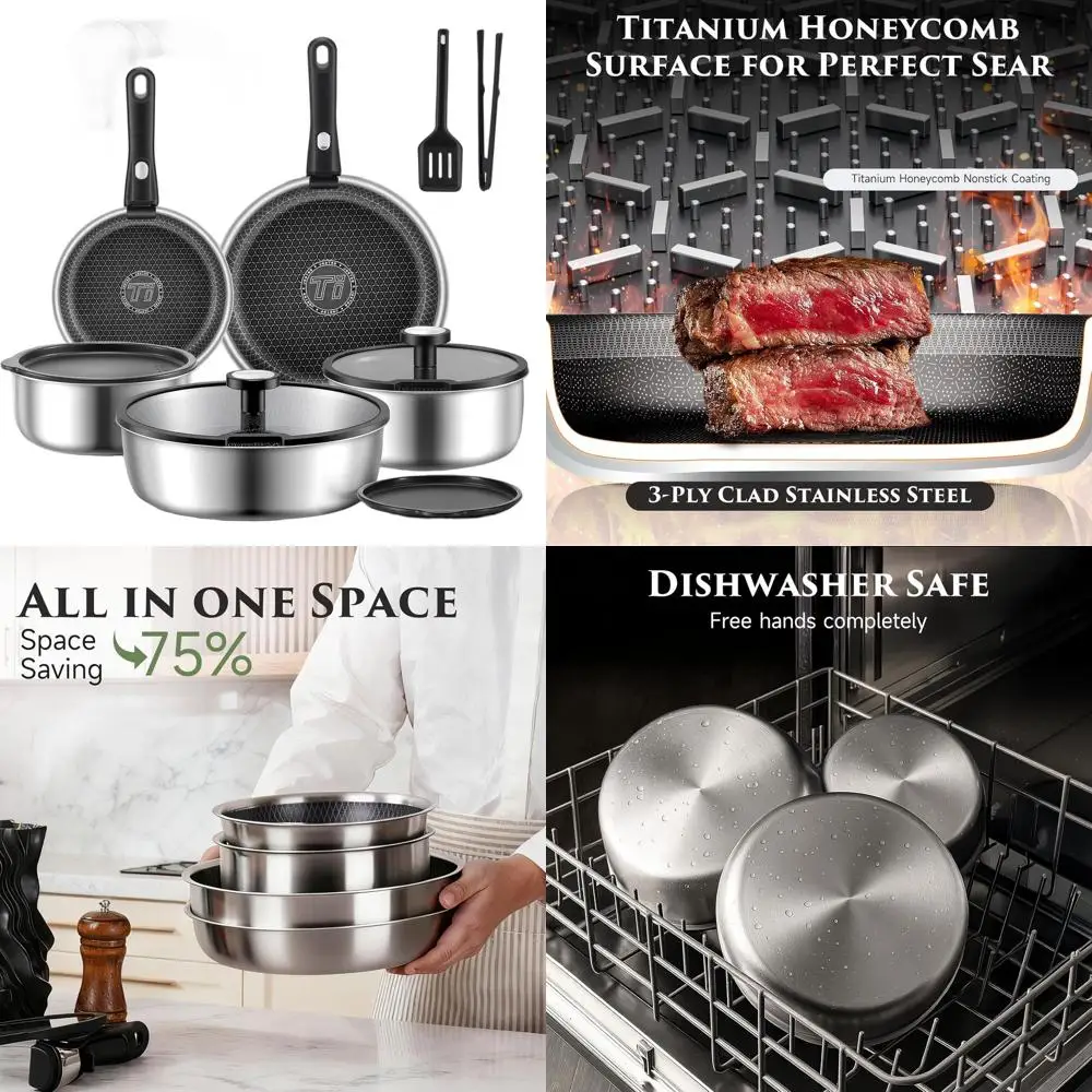 

18-Piece Non-Stick Tri-Ply Stainless Steel Cookware Set with Detachable Handles, Induction Ready, Dishwasher & Oven Safe