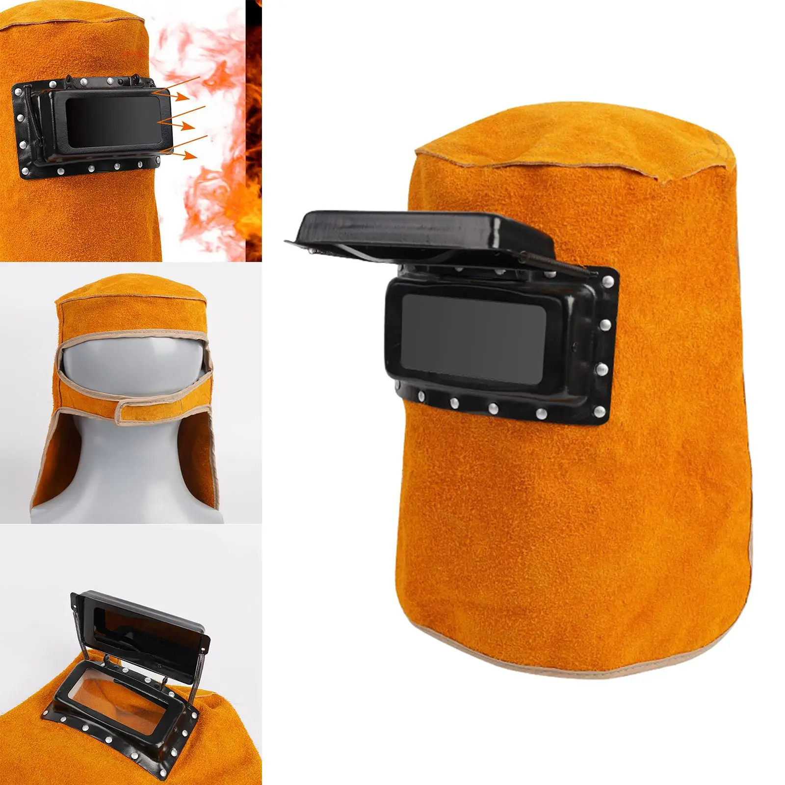 Cowhide Leather Welding Helmet Mask Heat Resistant Breathable with Lens Work Hat for Polishing Welding Workplaces