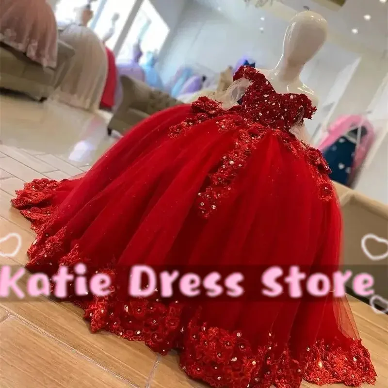 Sparkling Flower Girl Dress For Wedding Lace Applique Tulle Puffy Kids Birthday Party First Communion Ball Gowns Customized