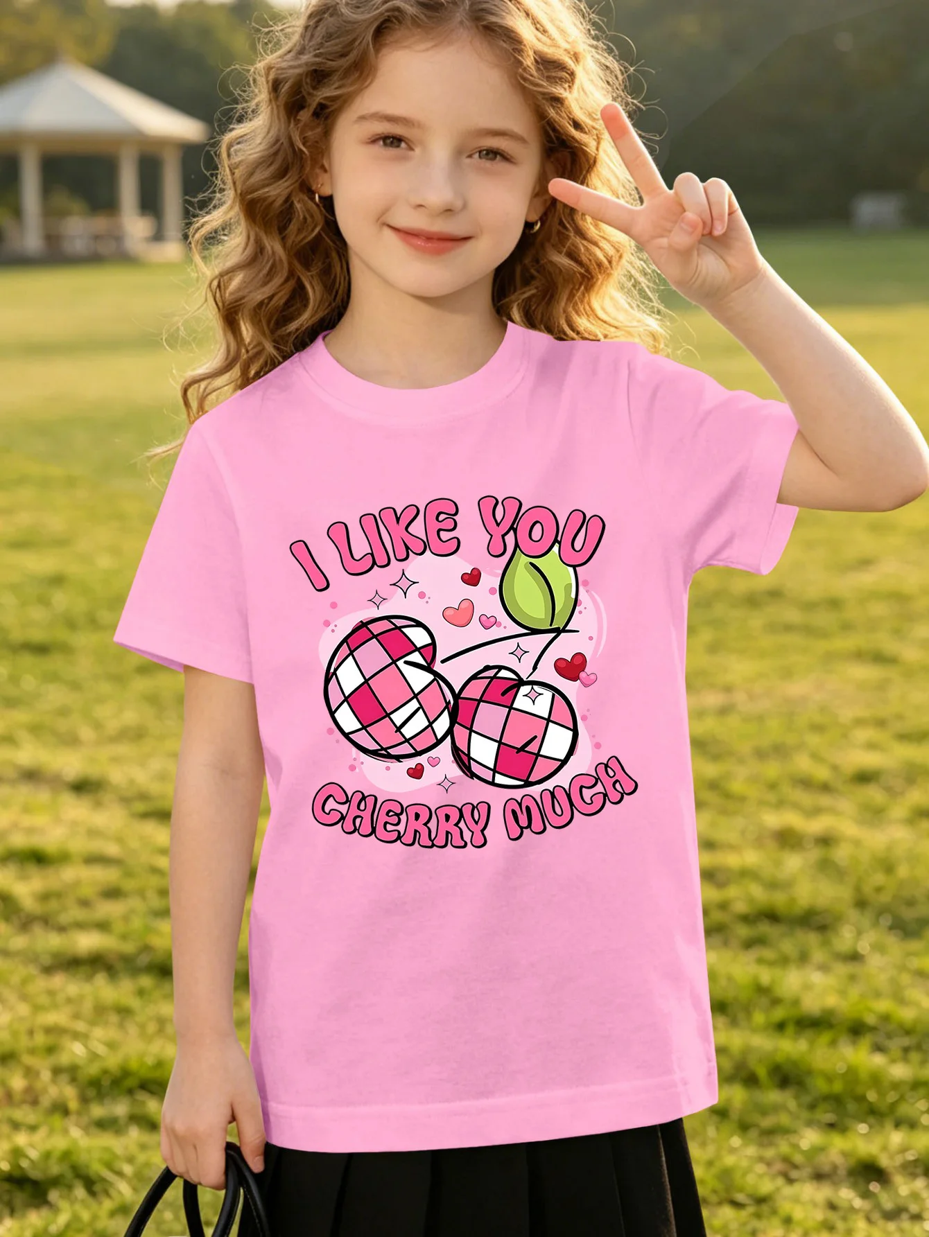 Cute I Like You Cherry Much Print Graphic Kids Tee Boys Girls Family Matching Cotton Crew Neck Short Sleeve Soft Summer Tee