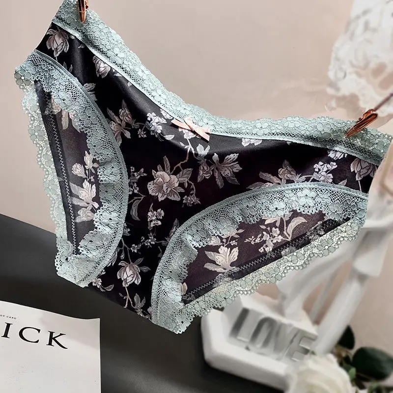 Lace Underwear Women\'s Printed Sexy Comfortable Fashionable Briefs Medium Low Waisted Triangle Pants Traceless Ice Silk Panties