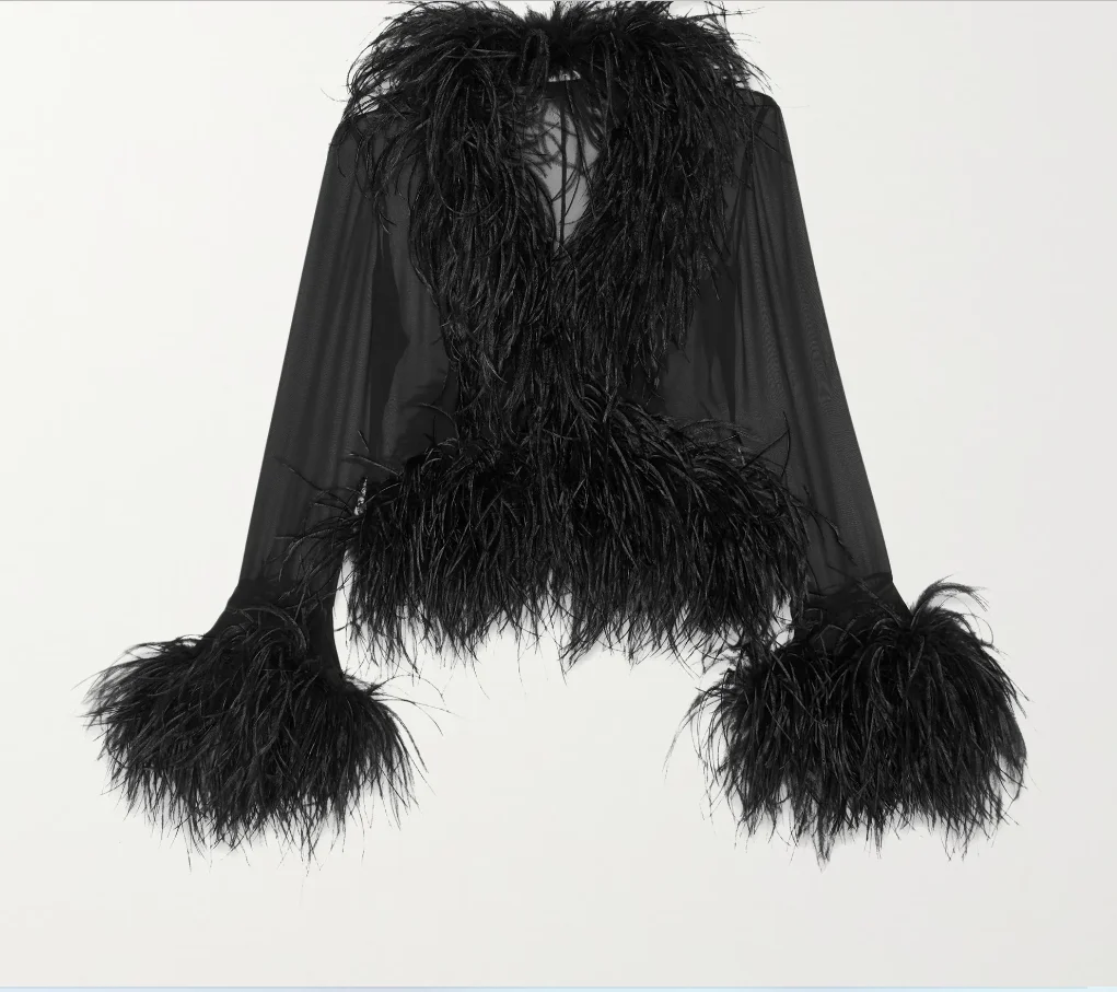 Top de plumas de avestruz de lujo para fiesta, club, blusa de cumpleaños, fecha nocturna, chaqueta clásica para vacaciones de Año Nuevo, camisa de malla para mujer