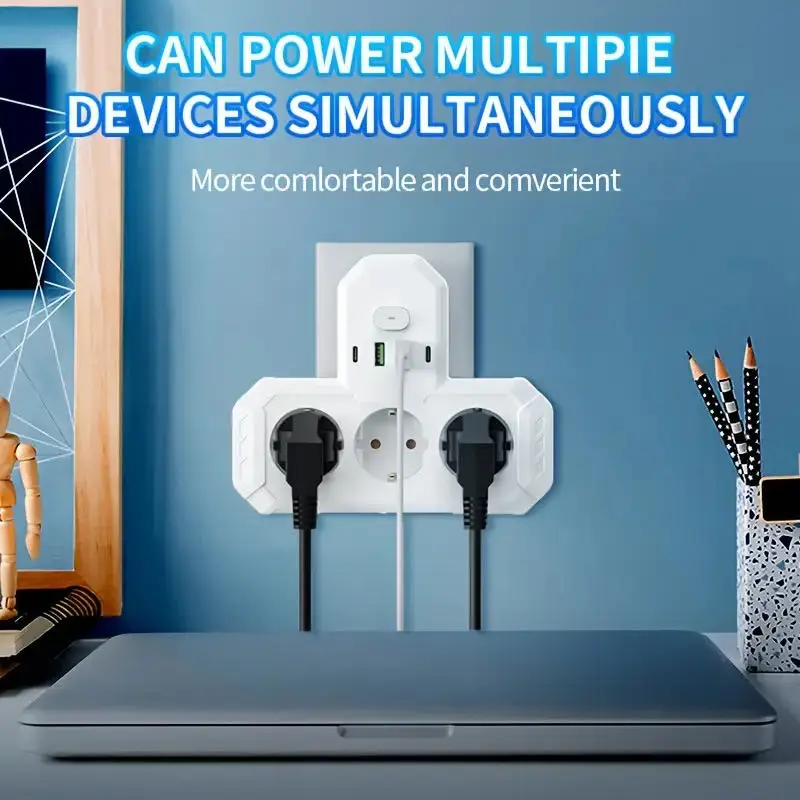 

EU Plug Outlet 3 Sockets Electrical Socket No Extension Cord With USB and Type-C Ports Multi Plug Wll Power Plug
