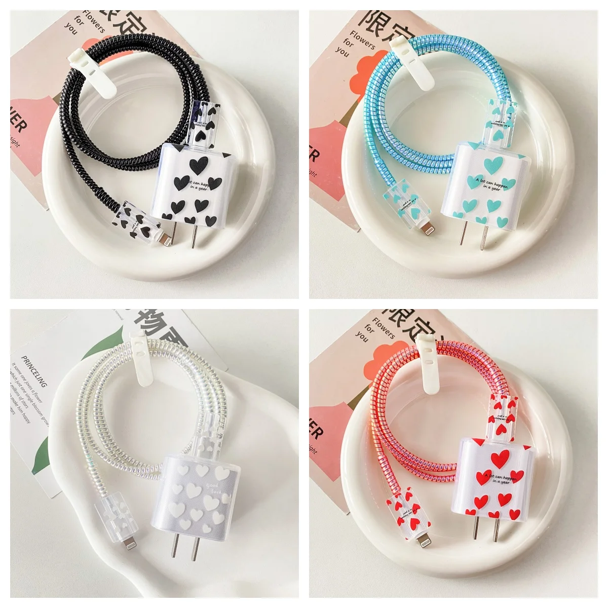 

3D Protective Soft Case for iPhone 18/20W Fast Charging Candy Color Flowers USB Data Cable Protective Case Winder Organizer