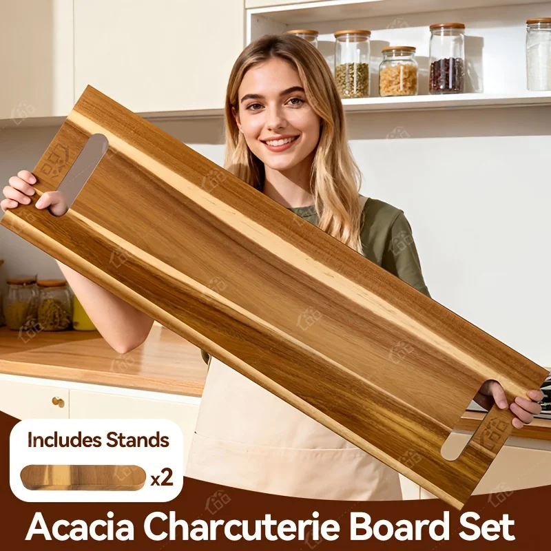 

us36X12 Inch Extra Large Acacia Wood Charcuterie Board & Cutting Board with Handles, 3Ft Rectangular Cheese Serving Platter for Meat Appetizers, Oversized Grazing Board Food Display Tray for Party Entertaining Housewarming Mother'S Day Gifts BBQd