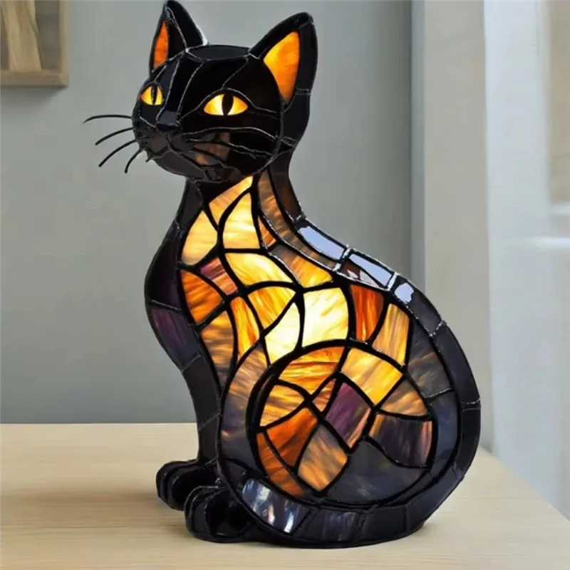 ABKP-Retro Stained Glass Cat Lamp 3D Stained Resin Cute Tabletop Pet Led Table Light Home Bedroom High Quality