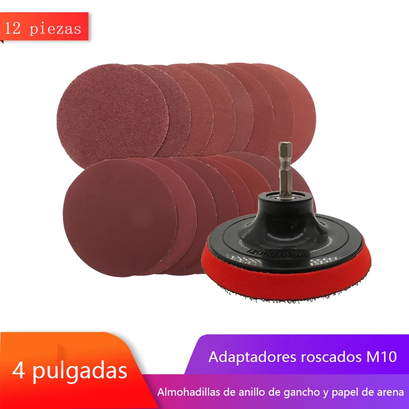 Juego de discos de lijado de 4 pulgadas, papel de lija con gancho y bucle de 100mm, almohadilla de respaldo de grano 60-240 con adaptador de taladro M10 para herramientas de limpieza y pulido