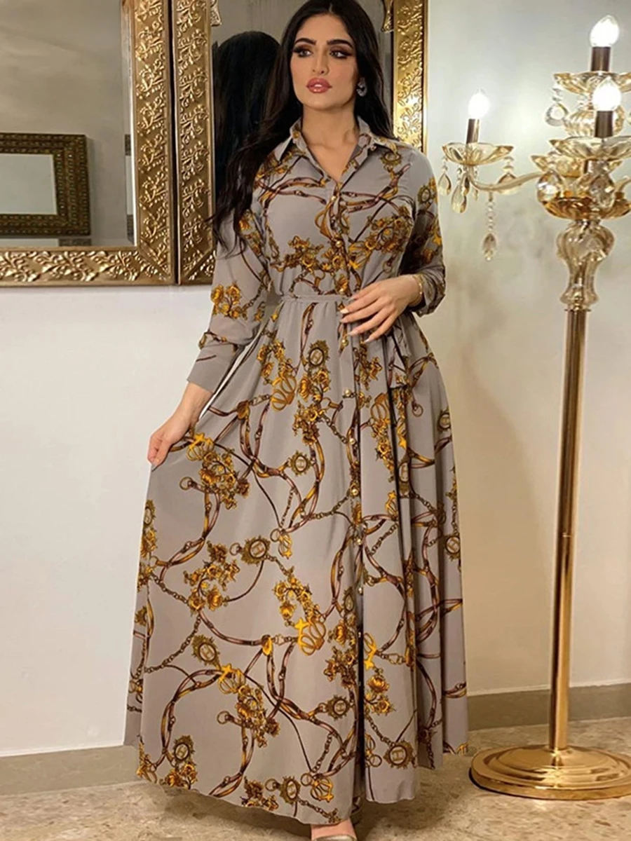 

Fashion French Elegant Maxi Dresses for Women Retro Print Muslim Dubai Abaya Lapel Single-breasted Long Sleeve Shirt Dress Query