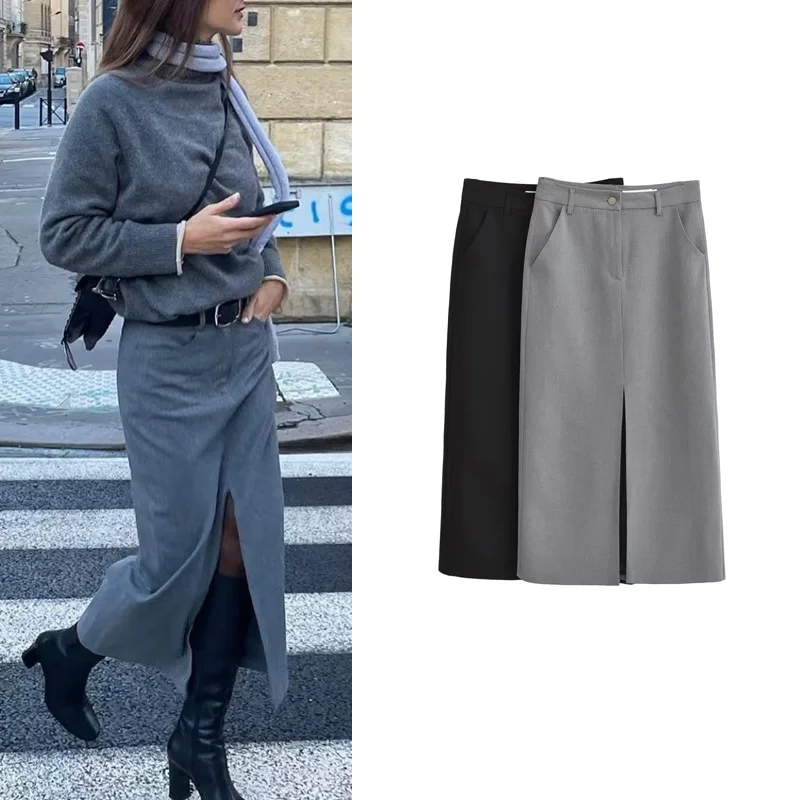 

Spring Commute Tailored Asymmetrical Design Suit Skirt ey Wrap around Straight Cut mid Length Women's Faion High Waist