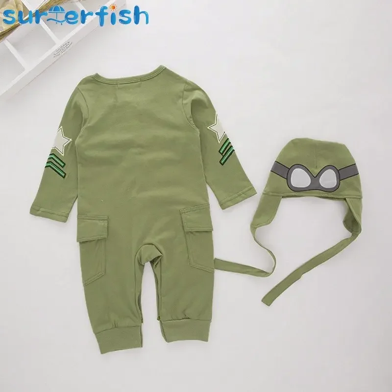 Baby Boy 2pc Set Infant Green Full Sleeves Pilot Aviator Romper+Hat 2pcs Set Playsuit Outfit Jumpsuit Rompers Halloween Costume