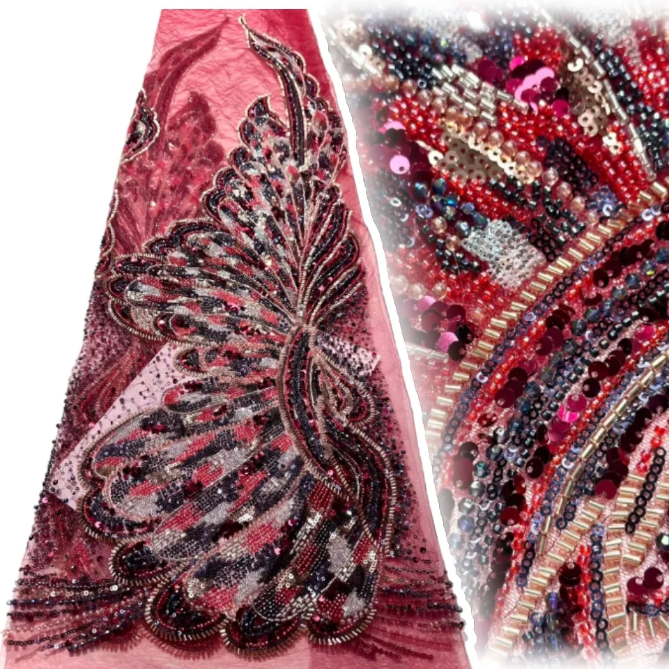 

African Groom Lace Fabric 2025 Heavy Beads Lace French Tulle Sequins Embroidery Lace Fabric for Party Dress Women CC1585