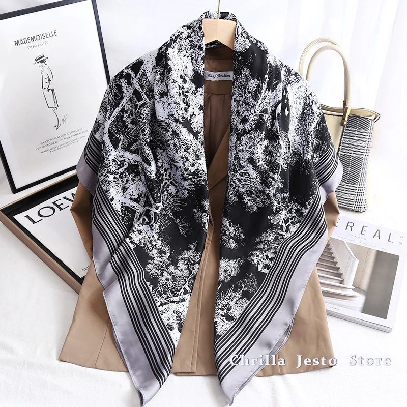 Spring Autumn Luxury Floral Printed Head Scarf Hijab Multi Function Travel Sun Resistance Square Silk Shawl Wrap