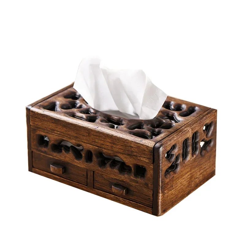 Solid Wood Multifunction Tissue Box Retro Living Room Coffee Table Desktop Tray Household Hollow Napkin Storage view 5