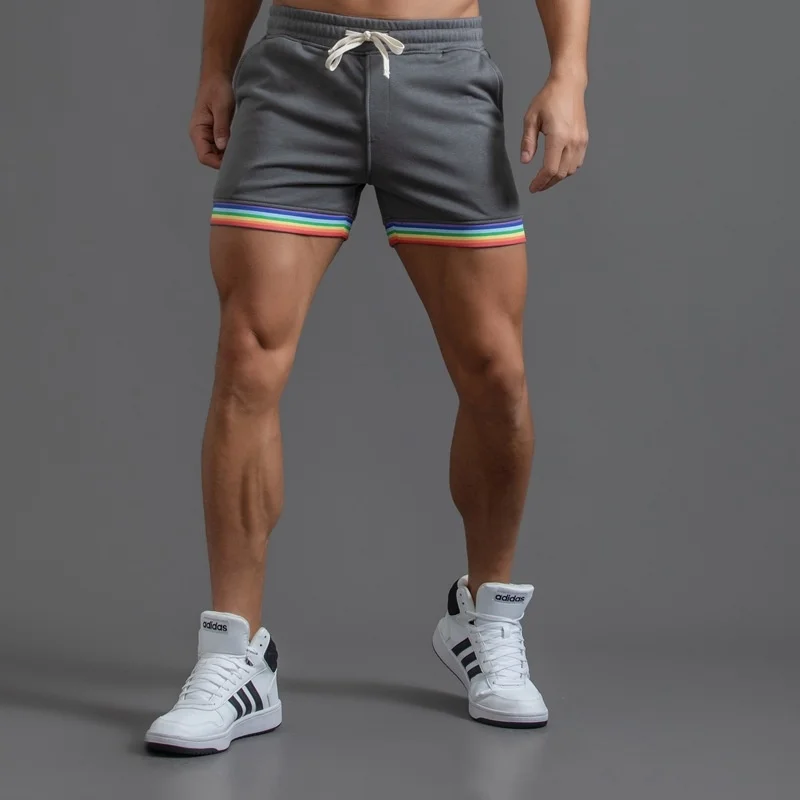 2023 Wholesale French Terry Rainbow Strips Cotton GYMs Casual Mens Workout Shorts