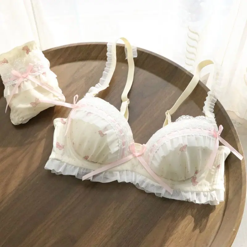 Kawaii Push Up Bra Sets Girl Cute Bow Floral Bra Summer Dot Small Fresh Comfortable Underwear Cup