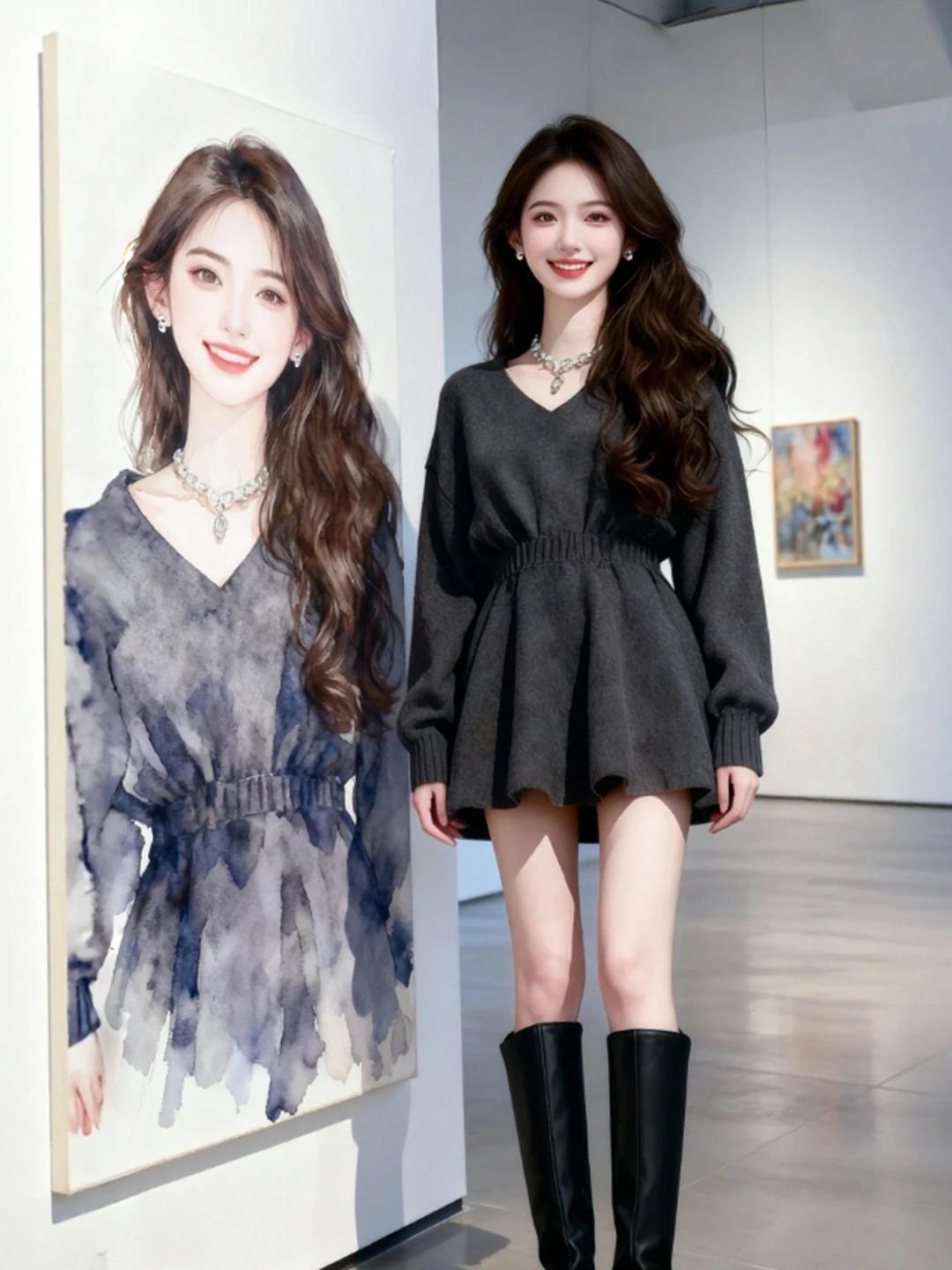 

Korean Sle Gentle V-Ne Waist-Cinched Slim Fit Dr Ele And Suitable for All Seasons High Waist Pure Color Spring 2026