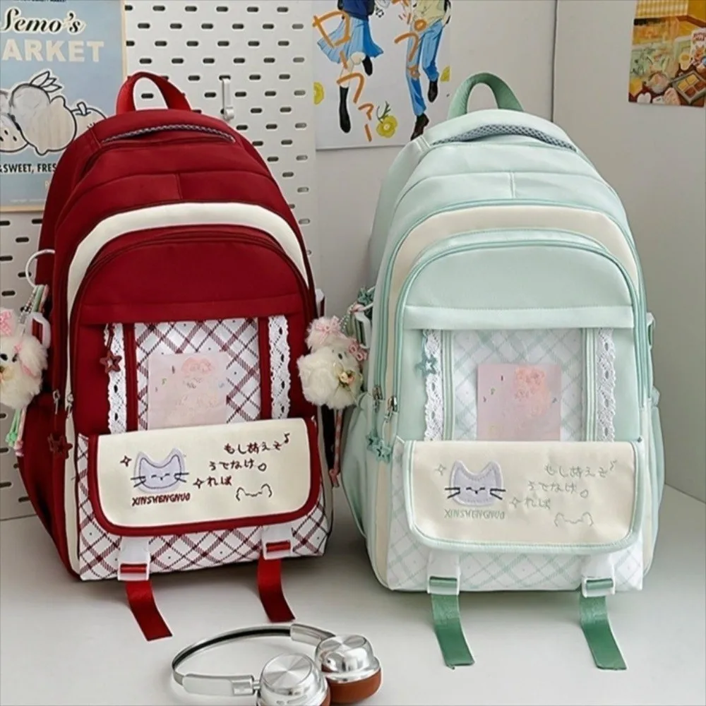 Trendy Nylon Hollow Lace Backpack Color-blocked Cute Large Capacity School Bag Preppy Style Durable Cat Plaid Backpack Daily