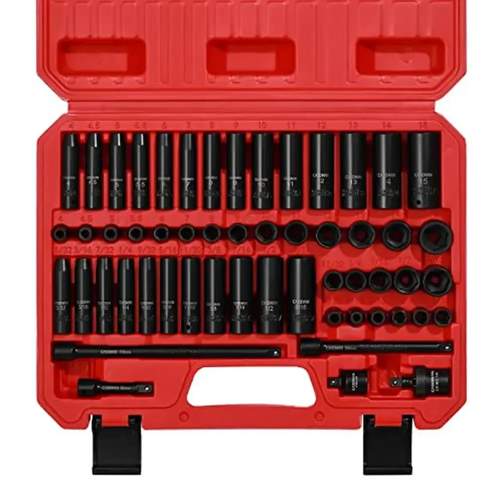 55PCS 1/4-Inch Drive Impact Socket Set 4-15mm Metric/SAE 6-Point Cr-V Steel Shallow & Deep Set 5/32