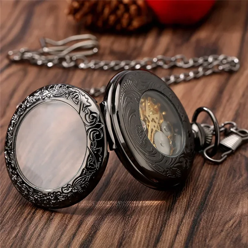Vintage Roman Numerals Transparent Glass Cover Men's Handwinding Mechanical Pocket Watch Pendant Clock with Black Fob Chain Gift