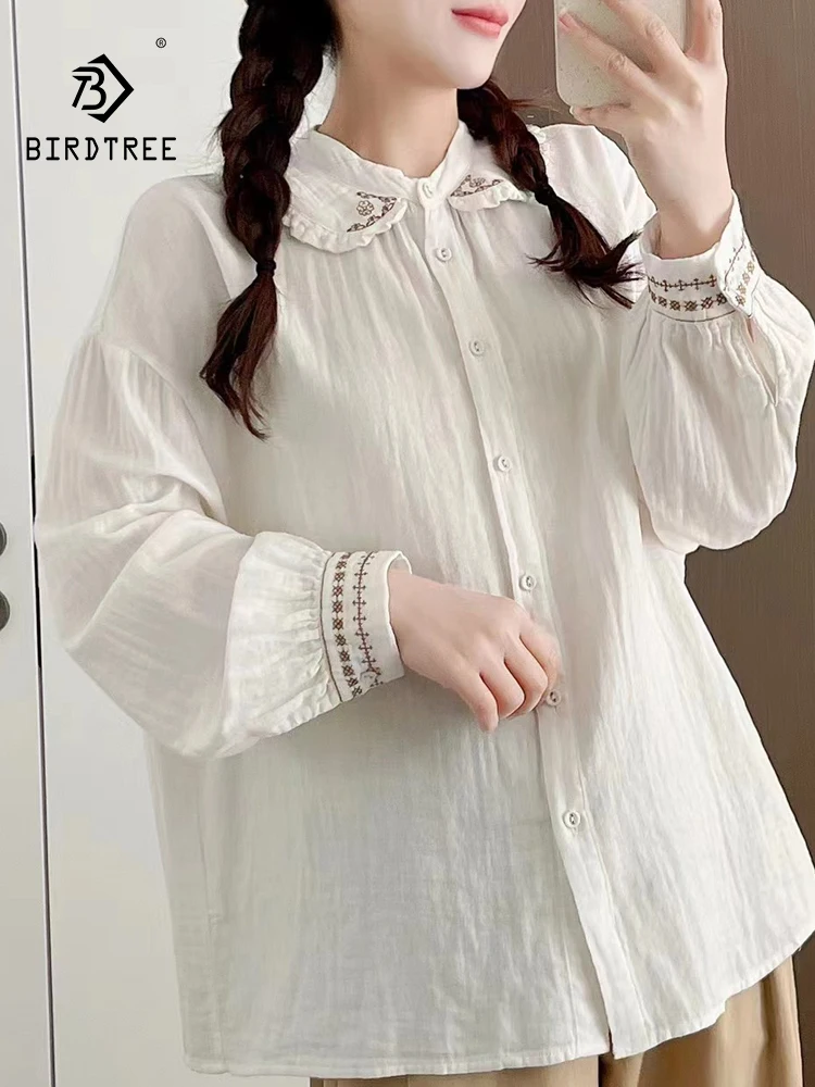 

New Summer Cotton Yarn Long Sleeve Shirt, Women Peter Pan Collar Embroidery Tops, Mori Girl Sweet Loose Blouses, Fall T47841QC