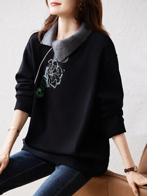 Faionable Embroidered Fce Lined Thiened Winter Sweatirt Women's Loose Sli Slimming Two-piece Look Upper Apparel