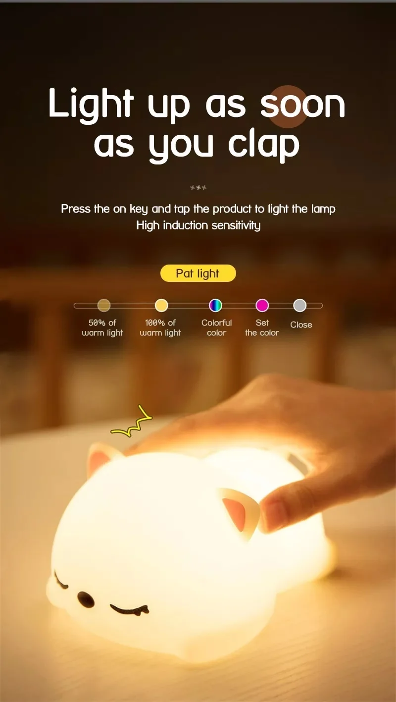 LED NightLights Silicone Rabbit Night Light with USB Charging Colorful Atmosphere Lamp for Children Kids Holiday Gift