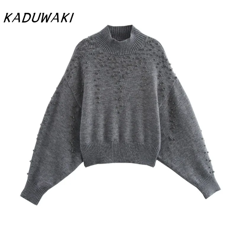 KADUWAKI Casual O-Neck Pullover Women Knitted Loose Short Pearl Decoration Jumper Autumn Winter Lantern Sleeve Top Fall Knitwear